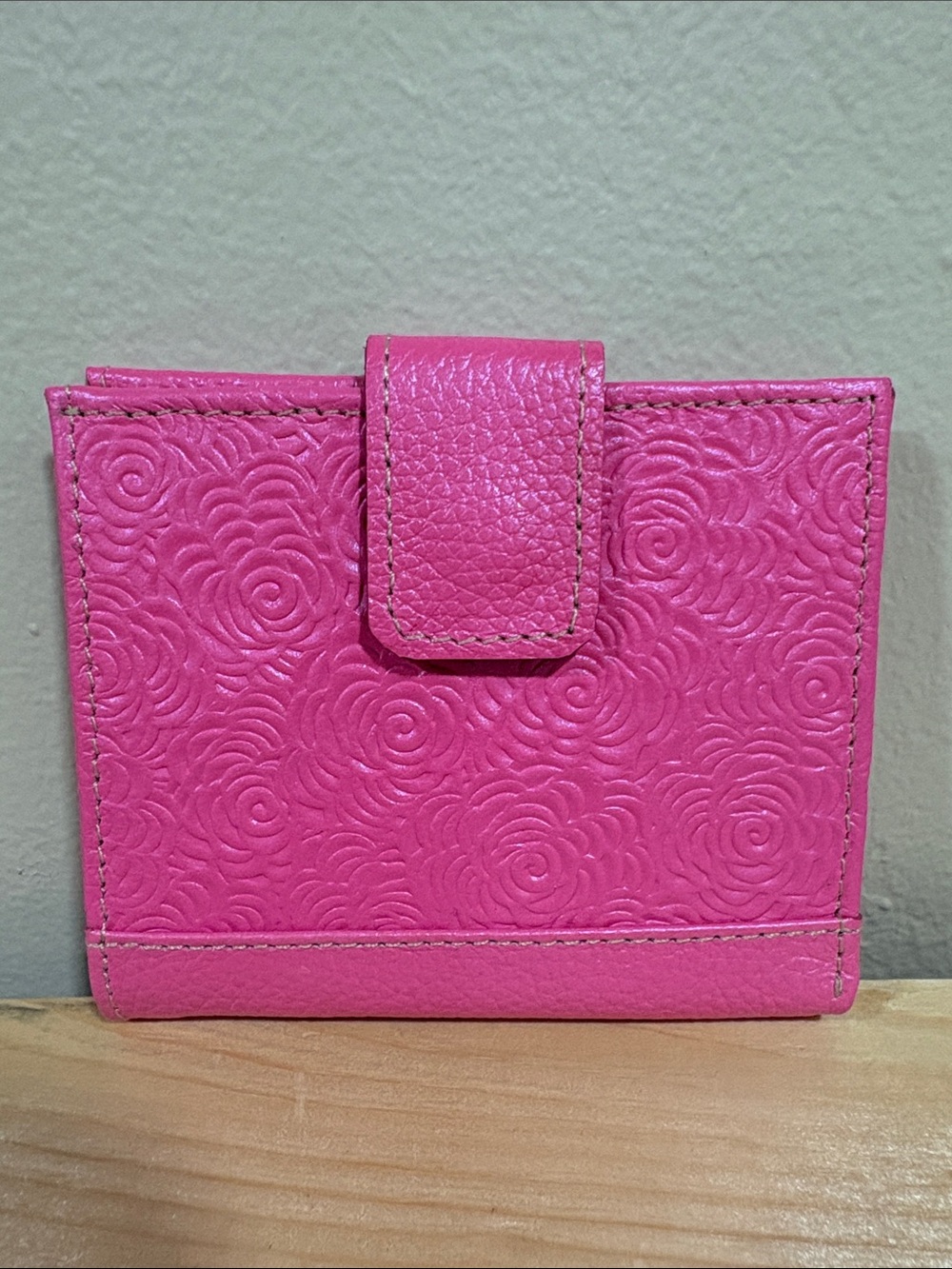 Compact Pink Embossed Leather Wallet - Women